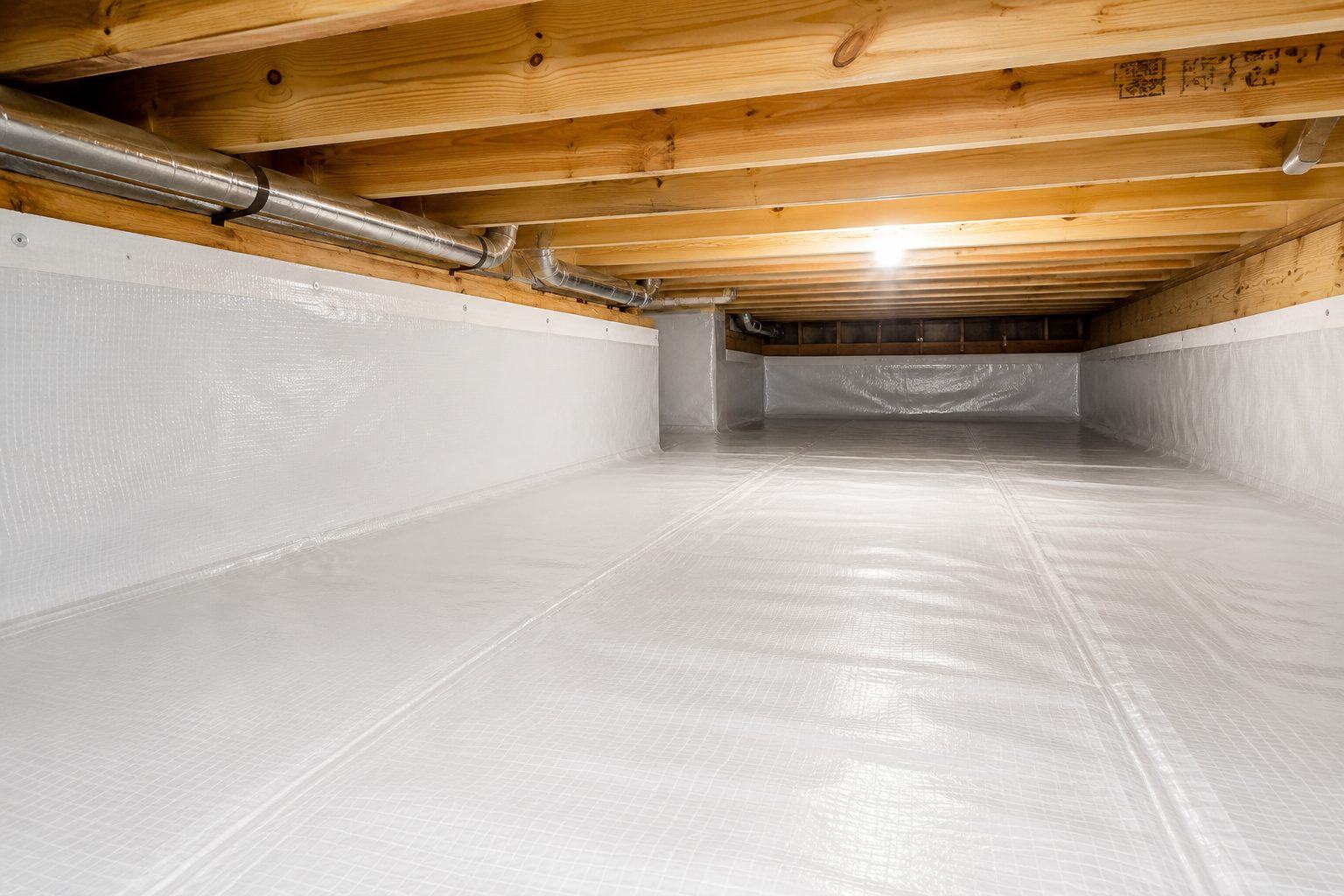 Fully finished, encapsulated crawl space with vapor barrier, insulation, and dehumidifier