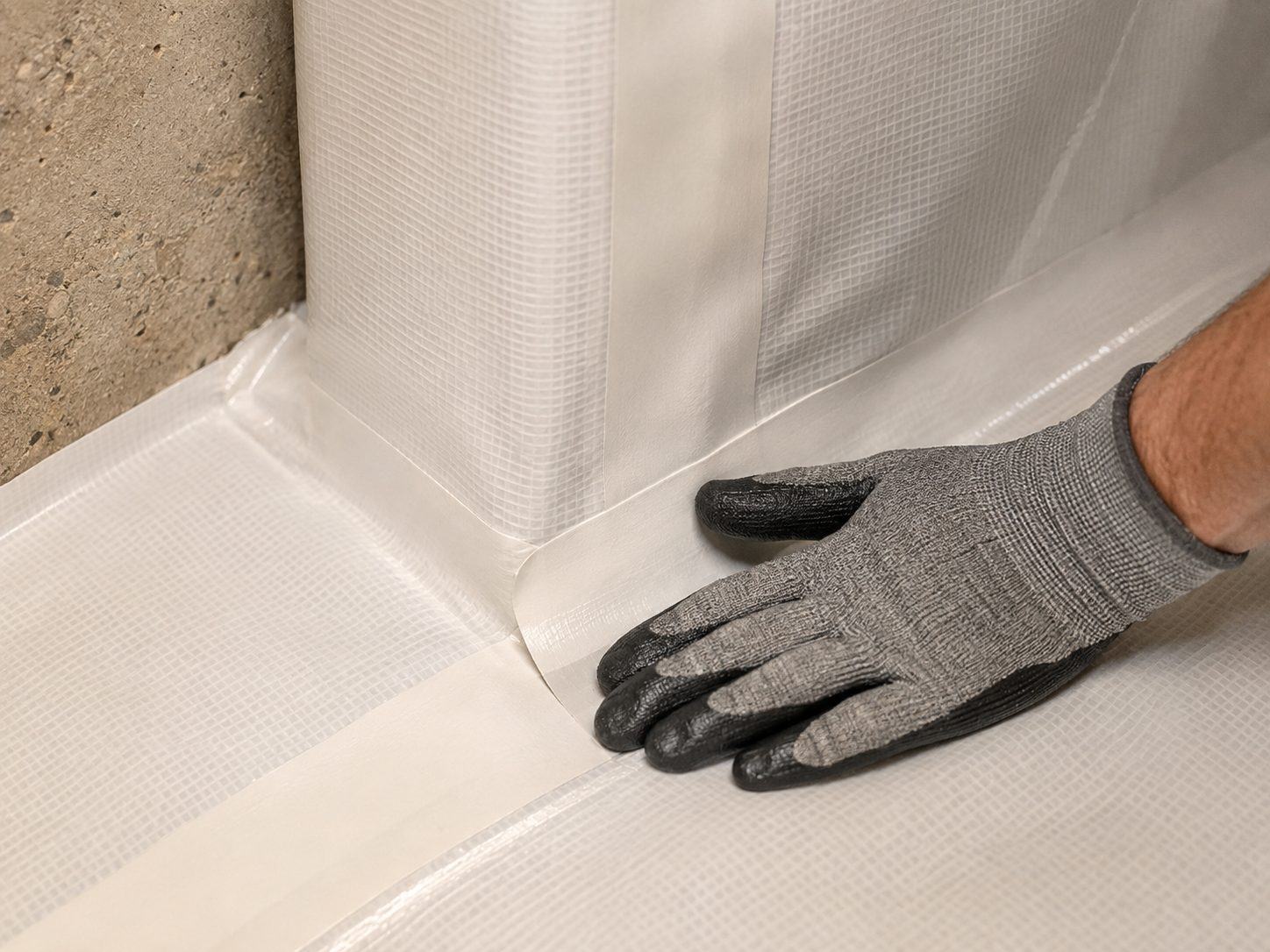 Close-up of a seam being taped on a reinforced crawl space vapor barrier