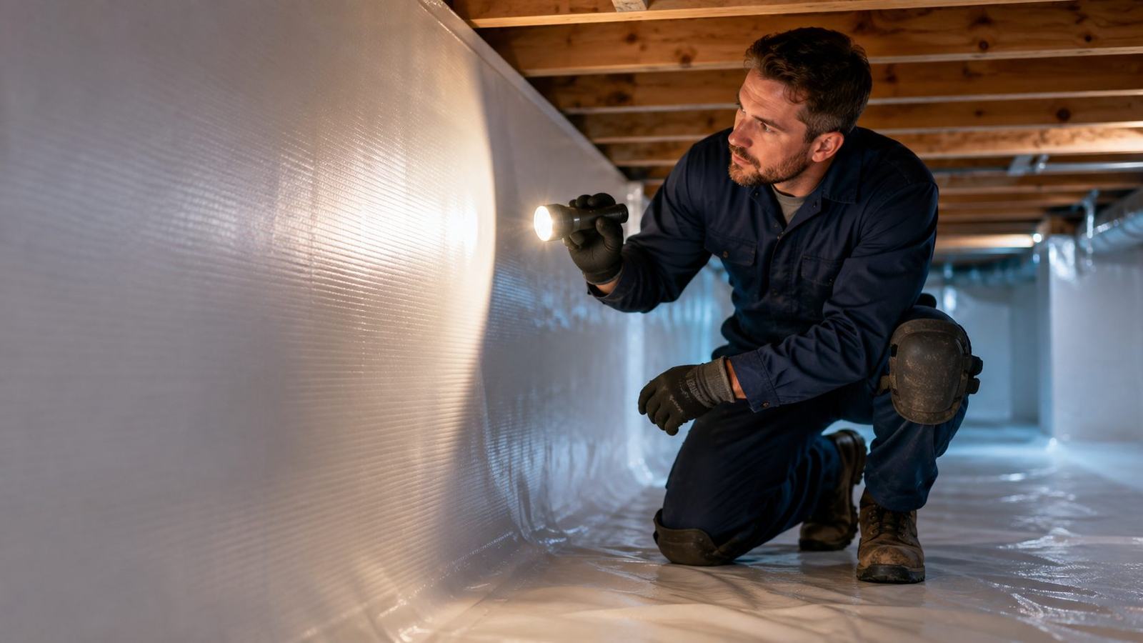 Technician inspecting a fully encapsulated crawl space with a flashlight